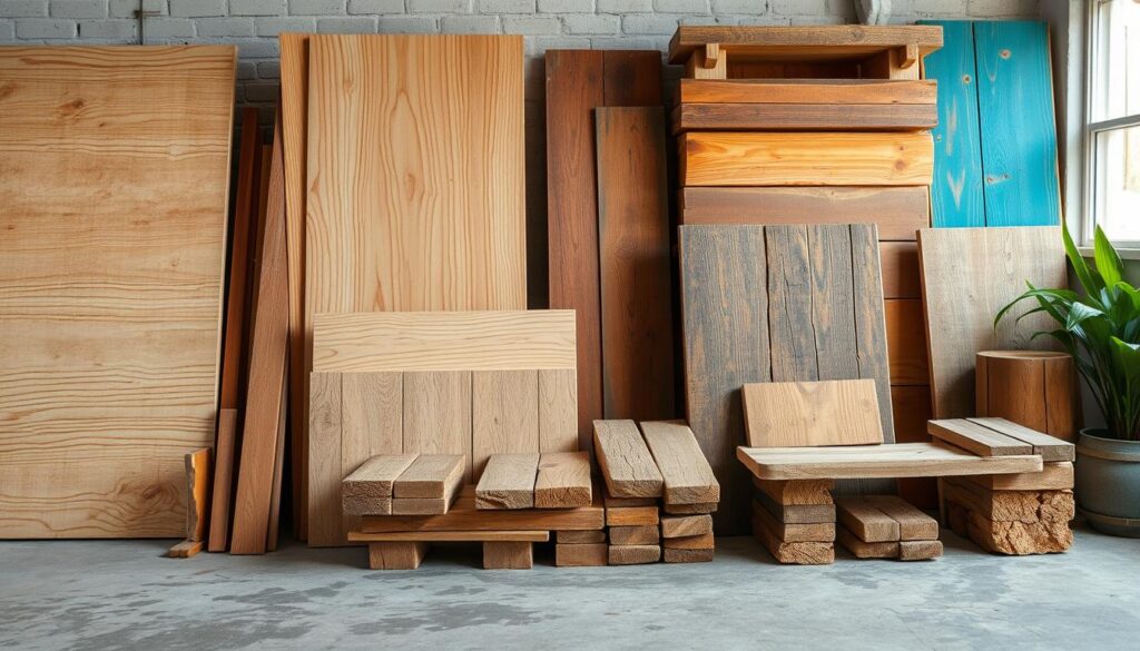 Image of various budget-friendly materials like plywood, lumber, and reclaimed wood