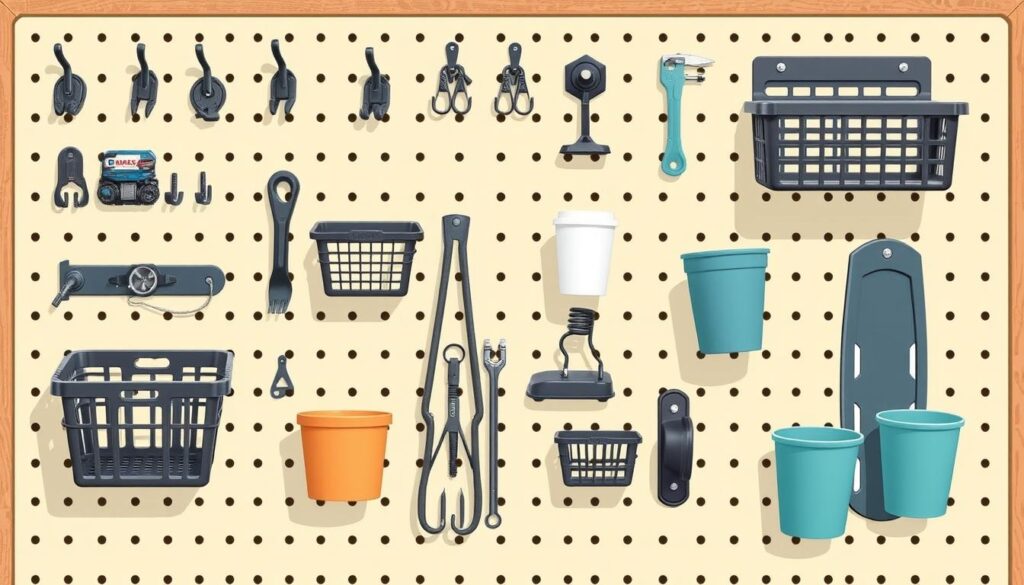 Image of various pegboard accessories, including hooks, baskets, and cup holders.