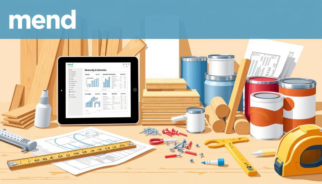 Mend Materials Estimation Guide: A detailed technical illustration showcasing an assortment of construction tools, materials, and software for accurately estimating repair job requirements. The image presents a well-organized layout with a clean, minimalist aesthetic. The foreground features a ruler, tape measure, and digital tablet displaying schematics, invoices, and material checklists. The middle ground showcases various building supplies such as wood planks, nails, screws, and paint cans, arranged in a visually appealing manner. The background depicts a warm, natural lighting setting, evoking a sense of professionalism and practicality. The overall composition conveys the efficiency and precision required for effective materials estimation in home repair and renovation projects.