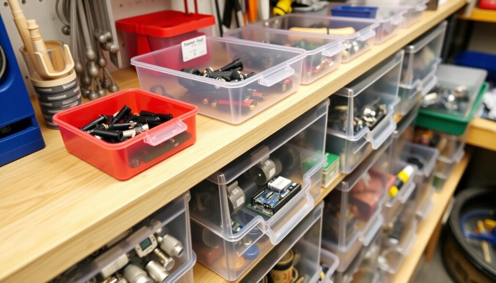 Organising small parts in a workshop using transparent bins