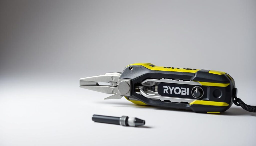 Ryobi Multi-Tool in a well-lit, high-quality studio shot. The multi-tool is positioned in the foreground, showcasing its various attachments and features in sharp detail. The background is a neutral, softly-lit backdrop that allows the tool to be the central focus. Lighting is carefully angled to accentuate the tool's sleek, modern design and metallic accents. The composition features a slight side angle to highlight the multi-tool's ergonomic handle and versatile functionality. The overall mood is one of precision, professionalism, and the tool's practical capabilities.