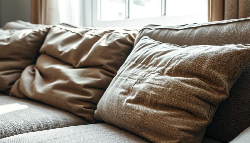 Sagging, worn couch cushions with deep indentations and creases, illuminated by soft, diffused natural light streaming through a window. The cushions have lost their plump, supportive shape, sinking into the sofa frame. Textured fabric in muted, neutral tones creates a sense of fatigue and neglect. The overall scene conveys a lived-in, well-used quality, highlighting the need for repair or replacement to restore the sofa's comfort and appearance.