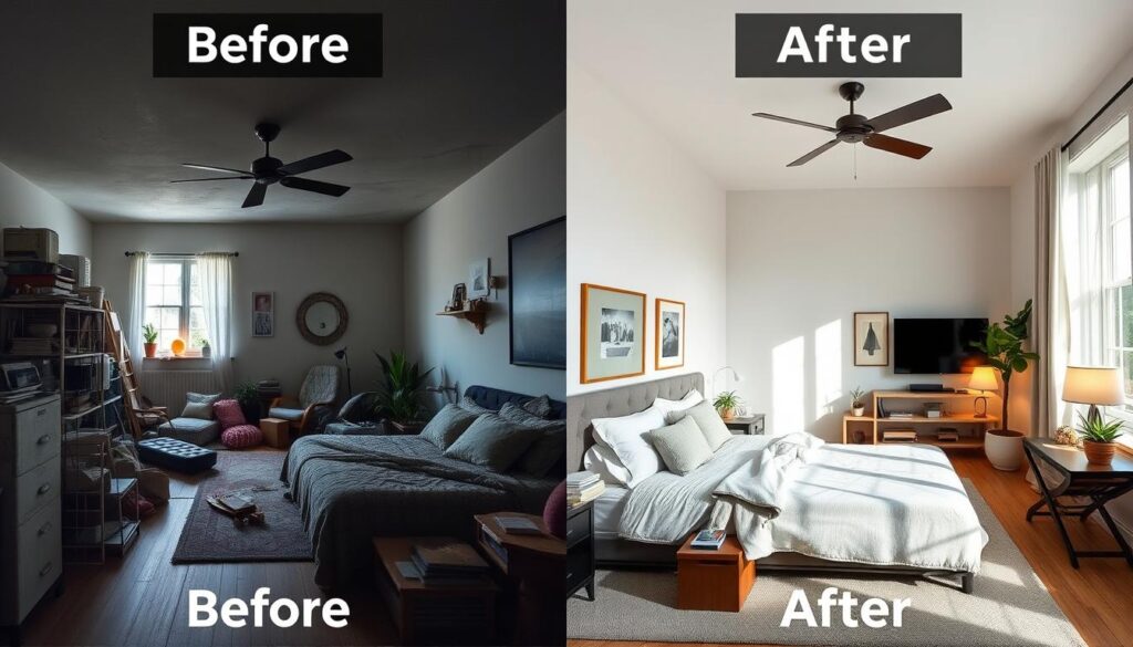 Two side-by-side photos of a bedroom interior, showing a "before" and "after" transformation. In the "before" image, the room is dimly lit, cluttered with old furniture and decor, and has a drab, uninspired atmosphere. The "after" image depicts the same space in bright, natural lighting, with a minimalist, modern design featuring clean lines, a neutral color palette, and carefully curated decor pieces. The lighting setup includes a mixture of soft overhead lighting and warm directional lamps, creating a cozy, inviting ambiance. The camera angle captures the full width of the room, showcasing the dramatic visual contrast between the two scenes.
