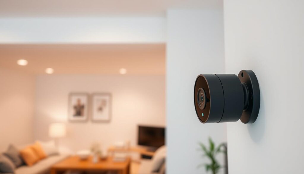 a crisp, well-lit image of a home security camera installation, featuring a modern, minimalist black camera mounted on a white wall, capturing a wide-angle view of a cozy living room in the background. The camera has a sleek, cylindrical design with a subtle LED indicator light. The scene conveys a sense of security and protection, with the camera's lens and angled positioning suggesting comprehensive surveillance coverage. The lighting is evenly distributed, creating a clean, professional appearance. The overall composition highlights the seamless integration of the security camera into the home's interior design, showcasing its discreet yet effective presence.
