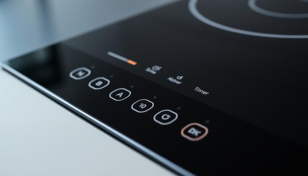 a detailed close-up view of an induction hob control panel, captured in a well-lit, high-resolution image. The panel features an array of touch-sensitive buttons and sliders in a sleek, minimalist design. The buttons are clearly labeled with symbols indicating their functions, such as temperature settings, timer controls, and power levels. The panel is set against a dark, matte background, highlighting the crisp, high-contrast details of the interface. The image is shot at a slight angle to provide a clear, unobstructed view of the control panel, showcasing its intuitive and user-friendly layout.
