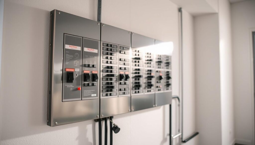 a detailed high-resolution photograph of a circuit breaker panel, shot in a well-lit interior with natural sunlight streaming in from a nearby window. The panel is mounted on a white wall, its metal surface gleaming with a slight industrial sheen. The various circuit breakers, switches, and indicators are clearly visible, their labels and icons crisp and legible. The foreground is in sharp focus, allowing the viewer to examine the panel's components closely, while the background is softly blurred, providing context without distracting from the main subject. The overall mood is one of technical precision and functional elegance, conveying the importance and complexity of a properly functioning electrical system.