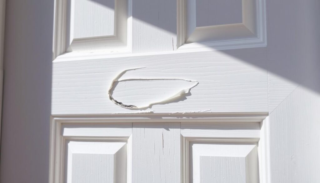 a high-quality, detailed photograph of a uPVC door in need of repair, with a close-up view of the dented panel. The door is set against a neutral background, allowing the focus to remain on the damage. Bright, natural lighting illuminates the scene, casting subtle shadows that accentuate the texture and contours of the door. The lens is positioned at eye level, creating a realistic perspective. The image conveys a sense of concern and the need for professional attention, setting the stage for the "Dealing with Additional uPVC Door Issues" section of the article.