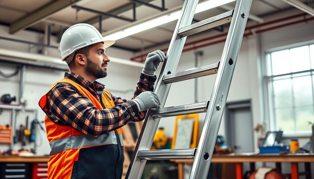 a highly detailed, photorealistic image of a person carefully inspecting a sturdy metal ladder in a well-lit workshop setting. The ladder is positioned upright, its steps and rails meticulously examined by the worker, who is wearing a hard hat, gloves, and a reflective safety vest. The workshop has a clean, organized layout with various tools and equipment visible in the background. The lighting is bright and even, accentuating the textures and materials of the ladder and the worker's attire. The composition emphasizes the importance of pre-use ladder inspection, with the worker's focused expression and the ladder's prominent placement in the frame.