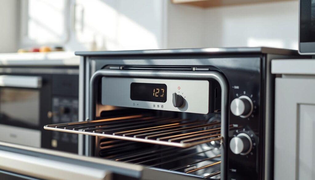 a photo of an oven with its door open, revealing the internal temperature display and controls. The oven is situated in a bright, well-lit kitchen with clean, modern appliances and countertops. The image has a sense of precision and focus, with the temperature display and calibration knobs highlighted as the central subject. The lighting is natural and directional, casting subtle shadows that accentuate the oven's form and features. The overall mood is one of functionality and attention to detail, conveying the importance of accurate oven temperature calibration.