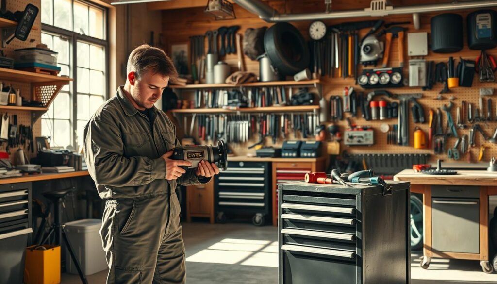 a well-organized garage workshop, filled with various tools and equipment neatly arranged on shelves and workbenches. The space is bathed in warm, natural lighting from large windows, casting a soft glow over the scene. In the foreground, a mechanic in a clean, oil-stained jumpsuit is meticulously maintaining a power tool, his face focused with a look of concentration. The middle ground features a rolling tool chest with an assortment of wrenches, screwdrivers, and other essential items. In the background, there are pegboards displaying an array of hanging tools, a workbench with a vise, and a pegboard with various spare parts and accessories. The overall atmosphere conveys a sense of order, productivity, and a passion for hands-on work.