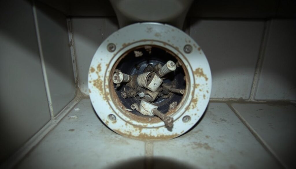 A blocked drain vent, with a close-up view showcasing the accumulation of debris and obstructions. The vent is situated in a dimly lit, dank bathroom setting, creating a sense of neglect and the need for attention. The lighting is soft, casting shadows that emphasize the grime and buildup within the vent's openings. The composition places the vent at the center, drawing the viewer's eye to the issue at hand, while the surrounding details, such as the tiled floor and walls, provide context and a sense of scale. The overall mood is one of a problem that requires resolution, setting the stage for the "Clearing Blocked Drain Vents" section of the article.