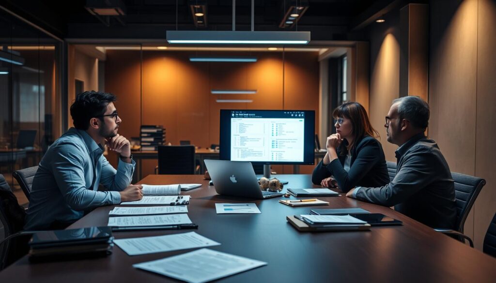 A boardroom table with documents, laptops, and office supplies scattered across it, against a backdrop of a dimly lit, modern office space. Bright task lighting casts a warm glow, illuminating the faces of three professionals engaged in a discussion, their expressions contemplative as they review risk assessment findings displayed on a large screen. The scene conveys a sense of focused collaboration and a commitment to thoroughly understanding the risks at hand.