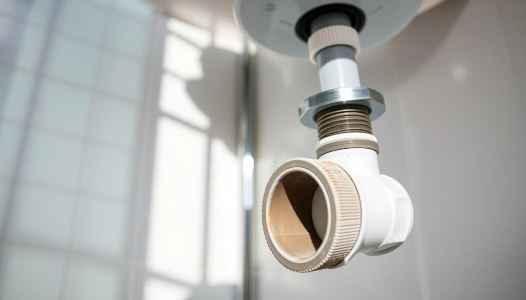 A bright, well-lit bathroom setting with a detailed close-up view of a shower waste trap installation. The trap is visible in the foreground, showcasing its various components - the drain cover, the p-shaped pipe, and the threaded connections. The lighting is natural, creating shadows and highlights that emphasize the mechanical details. The background is slightly blurred, but suggests clean, tiled walls and a modern, minimalist aesthetic. The overall mood is one of technical precision and problem-solving, reflecting the article's focus on troubleshooting common issues.