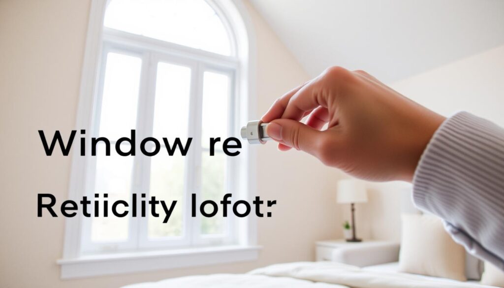 A bright, well-lit bedroom interior with a large upstairs window taking up the central focus. In the foreground, a hand carefully installs a sleek, metal window restrictor lock onto the window frame, securing it in place. The middle ground showcases the window itself, with its clean, modern design and elegant trim. The background features soft, neutral-toned walls and plush furnishings, creating a calming, inviting atmosphere. The image conveys a sense of precise, thoughtful installation of the window safety device, with an emphasis on the step-by-step process. The overall tone is informative, practical, and visually appealing.