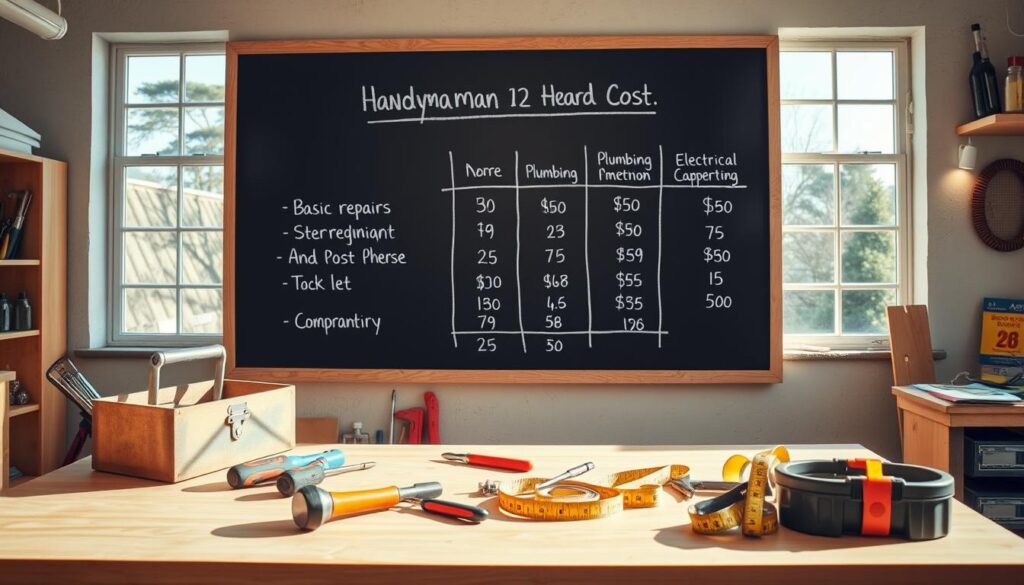 A bright, well-lit workshop interior with a wooden workbench. On the bench, various handyman tools are neatly arranged, including a toolbox, hammer, screwdrivers, pliers, and a measuring tape. In the background, a wall-mounted chalkboard displays a comparative cost breakdown for different handyman services in Cardiff - basic repairs, plumbing, electrical work, and carpentry. The chalkboard is illuminated by natural light streaming in through large windows, creating a warm, inviting atmosphere. The overall scene conveys a sense of professionalism, organization, and attention to detail in the handyman's work.