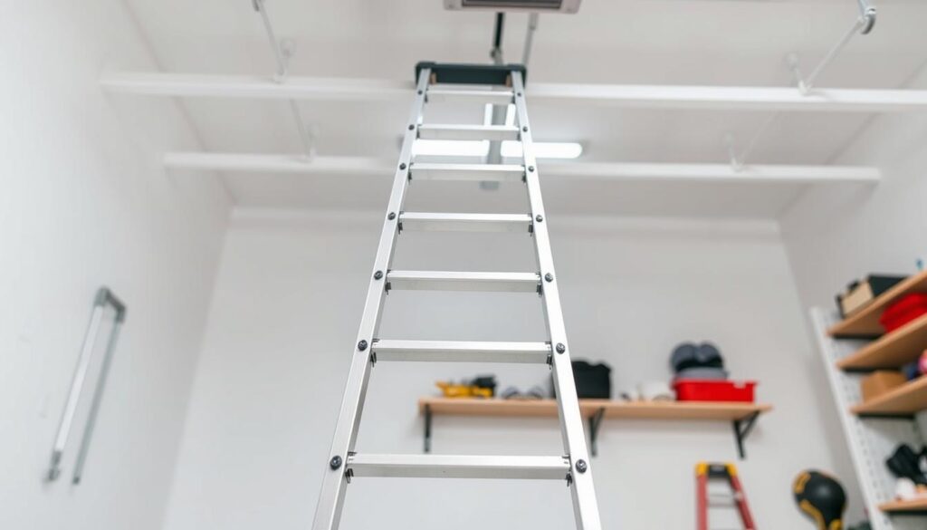 A brightly lit, well-composed image of a household ladder with a focus on its height and safety features. The ladder is situated in a clean, well-organized garage or workshop setting, with a plain white or light-colored background to emphasize the ladder itself. The camera angle should be positioned slightly above the ladder, capturing its full height and stability, with a shallow depth of field to keep the background softly blurred. The ladder should be constructed of sturdy, high-quality materials, such as aluminum or fiberglass, with clearly visible safety features like non-slip treads, stabilizing feet, and safety locks. The lighting should be even and natural, highlighting the ladder's design and construction details. The overall mood should convey a sense of reliability, durability, and attention to safety.