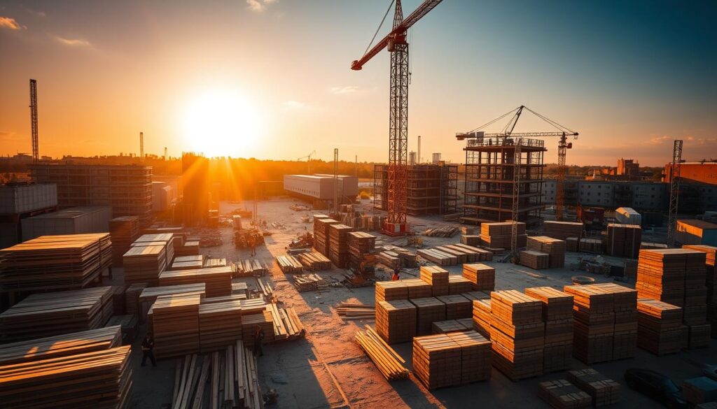 A bustling construction site in the heart of Leicester, with a towering crane casting long shadows across the landscape. Piles of lumber, stacks of bricks, and rows of gleaming tools lie scattered around the scene, creating a vibrant and dynamic atmosphere. The warm, golden hues of the late afternoon sun bathe the area in a soft, inviting glow, highlighting the industrious activity of the workers as they move with purpose, erecting new structures that will soon become an integral part of the city's evolving skyline. The image conveys a sense of progress, growth, and the indomitable spirit of the local building supply industry.