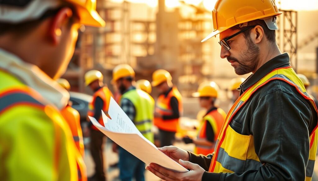 A bustling construction site, with hard-hatted workers diligently going about their tasks. In the foreground, a close-up of a tradesperson reviewing documents, likely related to their public liability insurance policy. The middle ground showcases the ongoing construction, with cranes and scaffolding visible. The background is bathed in warm, golden light, creating a sense of professionalism and security. The overall composition conveys the importance of public liability insurance in protecting tradespeople and their businesses, as they navigate the inherent risks of their profession.