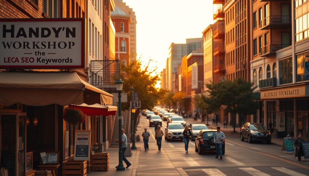 A bustling downtown streetscape at golden hour, with a handyman's workshop prominently featured in the foreground. The workshop's signage and storefront display local SEO-optimized keywords and branding. In the middle ground, pedestrians and vehicles move through the scene, showcasing the vibrant local community. In the background, a mix of modern and historic buildings line the street, conveying a sense of a thriving, established neighborhood. Warm, diffused lighting casts a cozy glow over the entire composition, creating an inviting and authentic atmosphere.