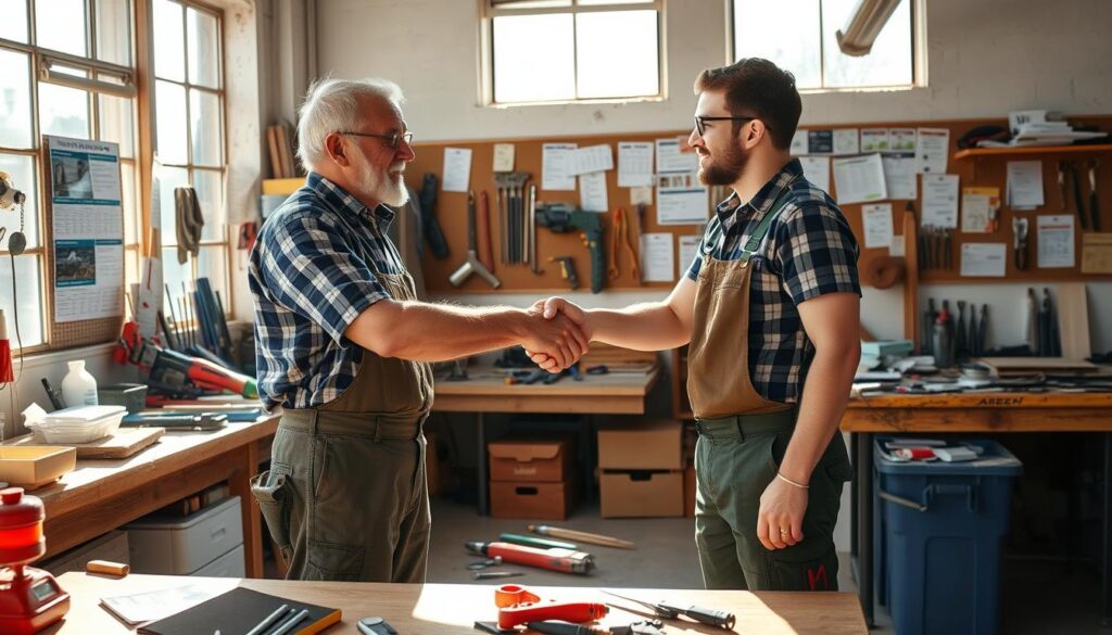 A bustling handyman workshop, its workbenches cluttered with tools and materials. In the foreground, two handymen - one older and experienced, the other younger and eager - shaking hands in a gesture of partnership. Sunlight streams in through large windows, casting a warm glow over the scene. The background reveals a bulletin board covered in schedules, invoices, and flyers, hinting at the organized chaos of a thriving handyman business. The overall atmosphere conveys a sense of collaboration, mutual trust, and a shared commitment to providing exceptional service to their community.