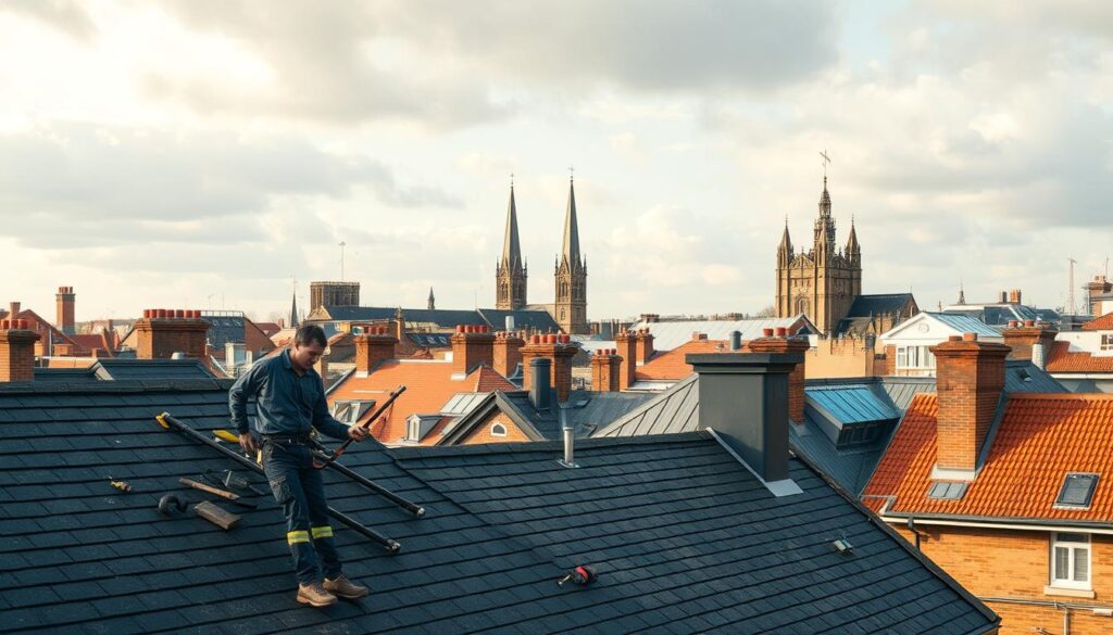 A bustling rooftop scene in Nottingham, England, showcasing a variety of residential and commercial roofing structures. In the foreground, a team of skilled roofers carefully inspecting and repairing a slate roof, using their specialized tools and techniques. In the middle ground, a mix of traditional terracotta-tiled roofs and modern metal-clad structures, with chimneys and ventilation systems protruding. In the background, the iconic spires and towers of Nottingham's historic architecture rise against a partially cloudy, warm-toned sky, bathed in soft, diffused natural lighting. The overall atmosphere conveys a sense of professionalism, attention to detail, and the harmonious integration of old and new roofing solutions within the city's distinctive architectural landscape.