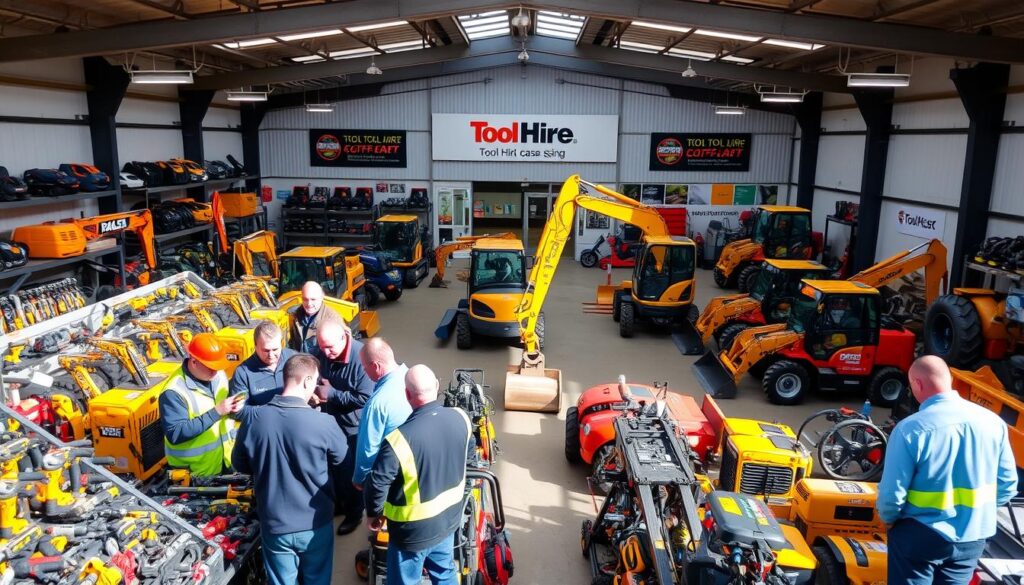 A bustling tool hire center in Stoke on Trent, showcasing a wide array of construction equipment neatly organized and displayed in a well-lit, modern showroom. The foreground features a group of professional tradespeople inspecting various power tools, while the middle ground highlights a selection of excavators, forklifts, and other heavy machinery. The background depicts the exterior of the facility, with a clean, inviting facade and signage prominently displaying the business name. The lighting is bright and natural, creating a sense of energy and productivity. The overall atmosphere conveys the convenience and reliability of a locally-sourced equipment hire service, catering to the needs of the local construction industry.