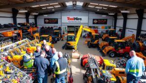 A bustling tool hire center in Stoke on Trent, showcasing a wide array of construction equipment neatly organized and displayed in a well-lit, modern showroom. The foreground features a group of professional tradespeople inspecting various power tools, while the middle ground highlights a selection of excavators, forklifts, and other heavy machinery. The background depicts the exterior of the facility, with a clean, inviting facade and signage prominently displaying the business name. The lighting is bright and natural, creating a sense of energy and productivity. The overall atmosphere conveys the convenience and reliability of a locally-sourced equipment hire service, catering to the needs of the local construction industry.