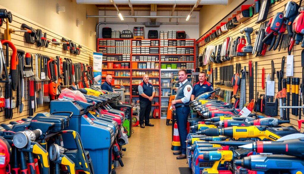 A bustling tool hire center in Stoke on Trent, with rows of neatly organized power tools, hand tools, and equipment lined up for local residents and tradespeople to rent. The interior is well-lit, with bright, warm lighting casting a welcoming glow. The staff, dressed in uniforms, stand ready to assist customers in selecting the right tools for their projects. In the background, shelves laden with spare parts and accessories suggest a comprehensive selection. The overall atmosphere conveys a sense of efficiency, reliability, and cost-saving opportunities for those in need of specialized equipment for their home improvement or professional tasks.