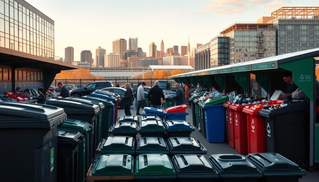 A bustling urban recycling center in Coventry, with various recycling bins and stations prominently displayed in the foreground. In the middle ground, people can be seen actively sorting and depositing their recyclables. The background showcases the skyline of Coventry, with modern buildings and infrastructure. The scene is bathed in warm, natural lighting, creating a sense of environmental responsibility and community engagement. The overall atmosphere conveys a well-organized and efficient recycling system, encouraging residents to participate in sustainable waste management practices.