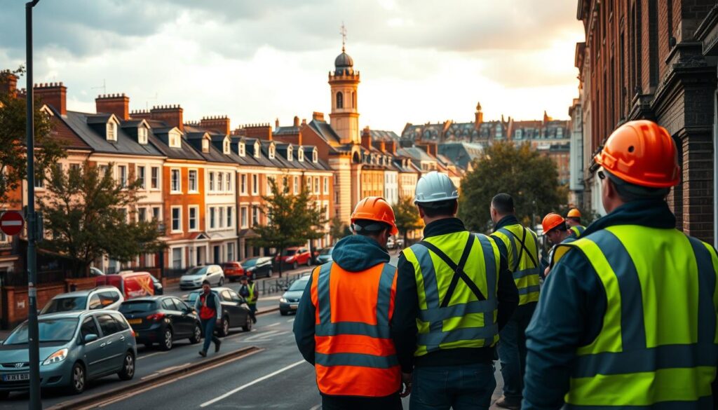 A bustling urban scene in Bristol, England, showcasing the hard work of emergency electricians. In the foreground, a team of technicians in reflective vests and hard hats attend to a power outage, working diligently to restore electricity to a residential neighborhood. The middle ground features the iconic architecture of Bristol, with Georgian townhouses and historic landmarks casting warm, golden light. In the background, a cloudy sky hints at the unpredictable nature of the weather, underscoring the importance of reliable, responsive electrical services. The overall composition conveys a sense of urgency, professionalism, and the essential role these unsung heroes play in keeping Bristol's homes and businesses powered.