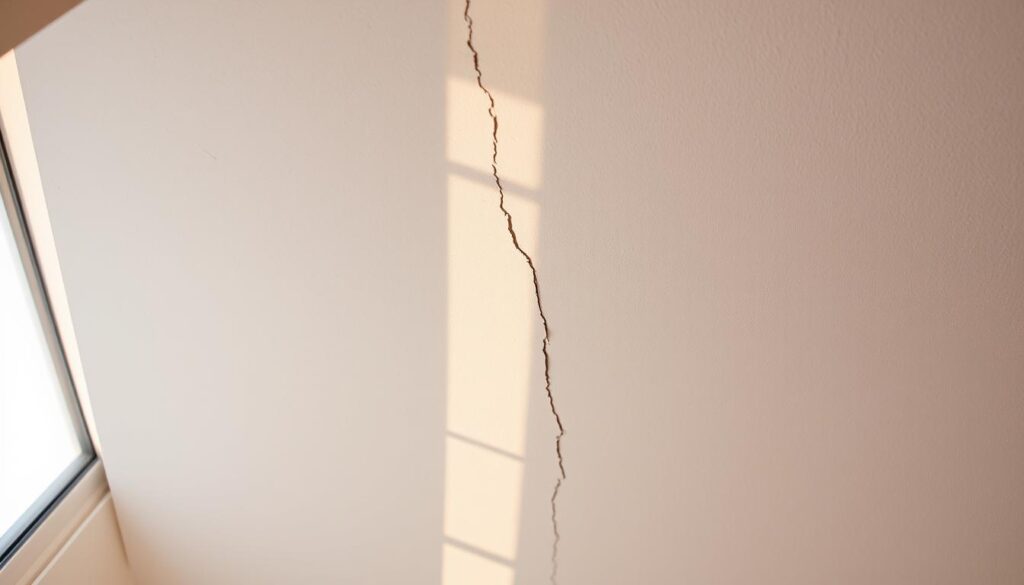 A ceiling with a noticeable hairline crack, illuminated by warm, natural lighting streaming through a nearby window. The plaster surface appears slightly textured, with a slight discoloration around the crack indicating age and wear. The crack itself is thin and jagged, running diagonally across the expanse of the ceiling. The surrounding area is clean and well-maintained, suggesting the need for a careful, targeted repair process. The overall atmosphere conveys a sense of anticipation, as if the viewer is about to embark on a restoration project to remedy the blemish and restore the ceiling's pristine appearance.