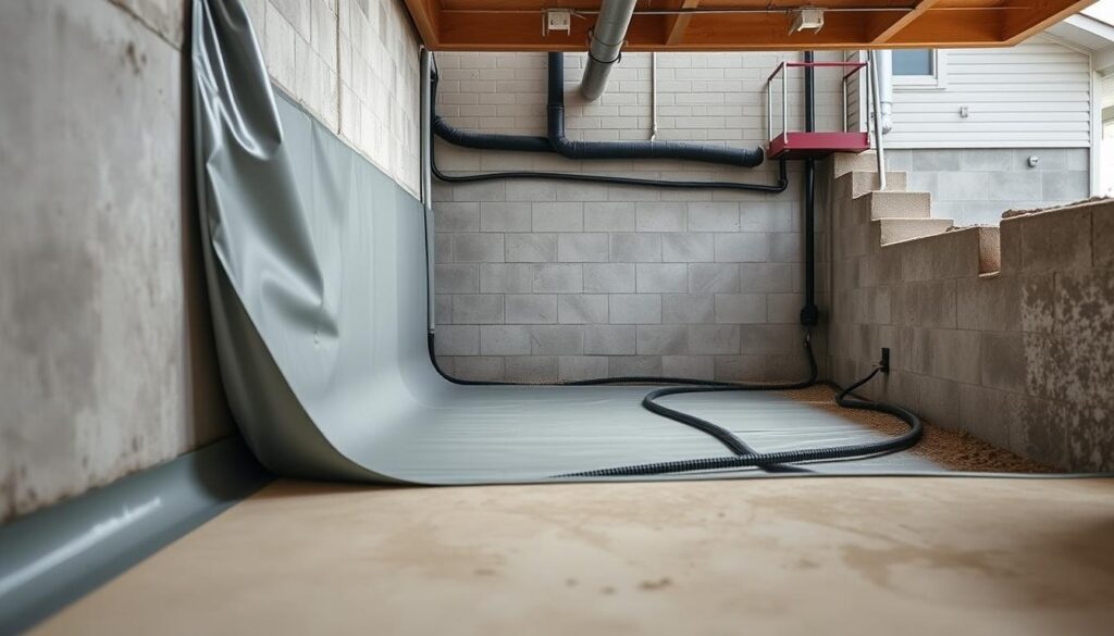 A clean, well-lit basement with a focus on the waterproofing system along the walls. The foreground depicts a close-up view of the waterproofing membrane being applied to the concrete wall, showcasing its flexible and seamless nature. The middle ground shows the overall basement space, with proper drainage and ventilation systems visible. The background highlights the foundation and exterior of the building, demonstrating how the waterproofing system integrates with the overall structure. The lighting is soft and natural, creating a sense of warmth and security. The angle is slightly elevated, providing a comprehensive view of the waterproofing system in action.