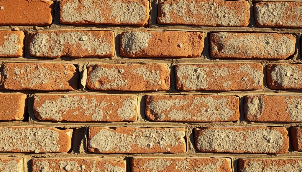 A close-up of an old, weathered brick surface with a vivid pattern of efflorescence crystalline deposits. The bricks are illuminated by warm, natural lighting, casting gentle shadows that accentuate the textural details. The image has a high level of realism, capturing the intricate formations and textures of the mineral buildup on the brick face. The overall composition highlights the distinctive appearance of efflorescence, providing a clear visual reference for the identification of this common brick wall issue.
