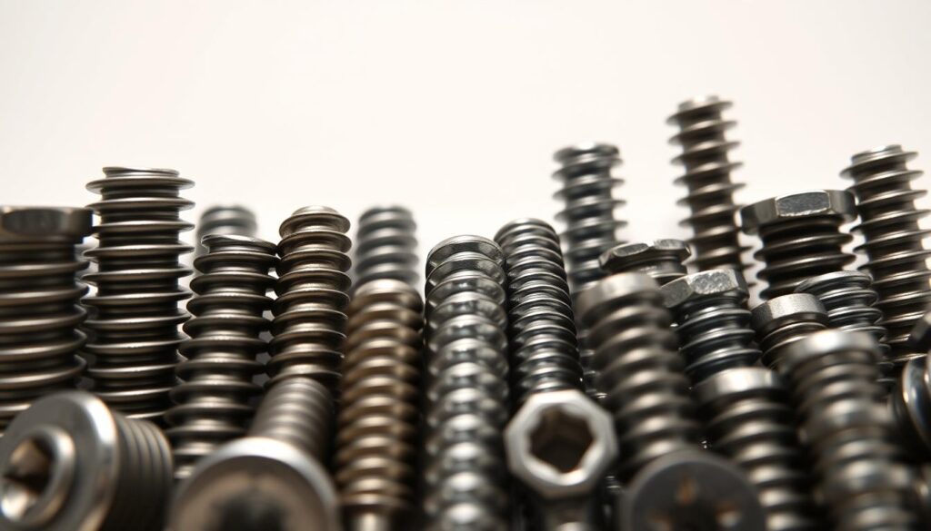 A close-up of various screw head designs, meticulously rendered with a crisp, high-resolution photographic quality. In the foreground, a detailed array of Torx, Philips, flat, and other common screw head types, each showcasing its distinctive pattern and geometry. The middle ground features a neutral, evenly lit backdrop, allowing the screw heads to be the focal point. The lighting is natural, with soft shadows emphasizing the depth and texture of the metal surfaces. The overall composition is clean, minimalist, and slightly tilted to provide an engaging, almost technical illustration of the diverse screw head designs.