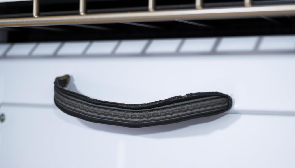 A close-up photograph of a worn-out oven door gasket, its deteriorated seal exposing the oven's interior. The gasket is situated against a clean, white oven door, the textured rubber material standing out in contrast. Bright, even lighting illuminates the scene, casting subtle shadows that accentuate the gasket's contours. The image is sharply focused, capturing the intricate details of the damaged seal, conveying the necessity of a replacement to ensure a proper oven seal and energy efficiency. The overall mood is one of technical precision, highlighting the importance of this often overlooked yet critical oven component.