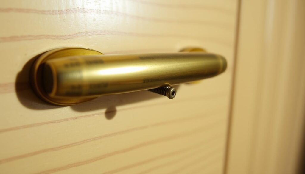 A close-up shot of a wardrobe handle, showcasing the screw mechanism that needs replacement. The handle is made of polished brass, with a tarnished, worn appearance, resting on a wooden surface. Bright, directional lighting illuminates the scene, casting subtle shadows that accentuate the textural details. The background is slightly blurred, keeping the focus on the central subject. The overall mood is one of a practical, step-by-step guide, inviting the viewer to closely examine the replacement process.