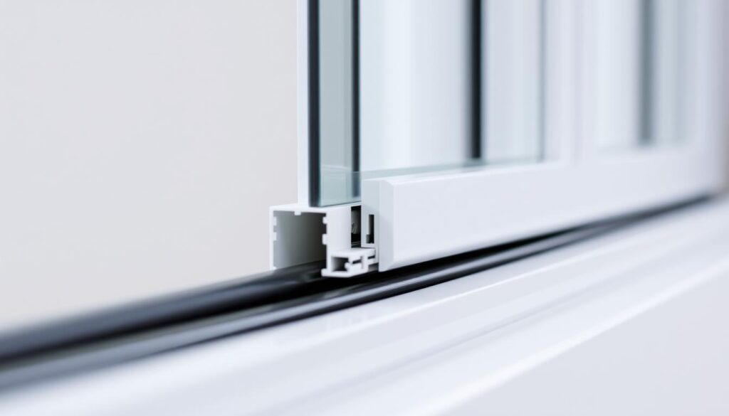 A close-up view of a UPVC window frame, capturing the intricate details of the weatherstripping and sealing components. The frame is well-lit, showcasing the clean lines and smooth surfaces of the materials. The seals are visible in the foreground, highlighting their flexible construction and tight fit within the frame. The middle ground reveals the subtle textures and finishes of the window itself, while the background provides a neutral, slightly out-of-focus context to emphasize the focal point. The overall mood is one of technical precision and attention to detail, conveying the importance of properly maintaining and resealing these critical window components.