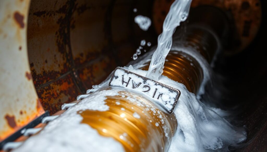 A close-up view of a boiler's heat exchanger undergoing descaling. The corroded metal surfaces are being scrubbed with a specialized descaling tool, releasing mineral buildup and revealing the clean, shiny underlying surface. Streams of water and white, foaming descaling solution flow across the exchanger, flushing away the loosened scale. The scene is well-lit, with a warm, golden glow emanating from the boiler's interior. The camera angle captures the process in intricate detail, showcasing the importance of regular maintenance to ensure optimal boiler performance and efficiency.