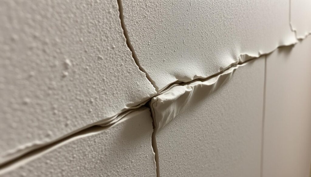 A close-up view of a bulging plasterboard seam, showcasing a pronounced ridge and cracks running along the joint. The textured surface has a matte, slightly worn appearance, with subtle shadows highlighting the uneven contours. Soft, indirect lighting casts a gentle glow, emphasizing the imperfections in the drywall material. The image is captured at a slightly low angle, providing a detailed, almost tactile perspective of the damaged seam, conveying a sense of the structural issues underlying the visible defect.