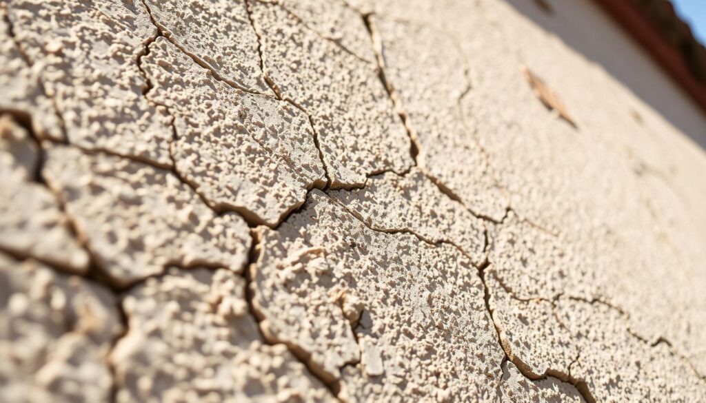 A close-up view of a cracked, weathered exterior render surface, with detailed textures and blemishes. The surface appears rough and uneven, with visible cracks, chips, and discoloration. Bright, directional lighting from the side casts dramatic shadows, accentuating the depth and texture of the damaged render. The image focuses on the foreground, filling the frame with the intricate surface, while the background is softly blurred, maintaining the attention on the repair preparation task at hand. The overall mood is one of careful inspection, highlighting the need for thorough surface preparation before any restorative work can commence.
