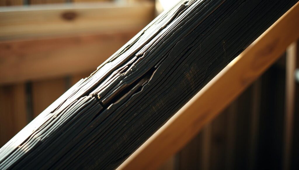 A close-up view of a damaged wooden ladder's side rails, illuminated by soft, natural lighting. The weathered, splintered surface of the rails is clearly visible, with intricate textures and grain patterns. The rails are positioned diagonally, creating a dynamic, angled composition. The background is blurred, emphasizing the focus on the repair subject. The overall mood is one of careful examination, inviting the viewer to inspect the damage and consider the necessary restoration steps.