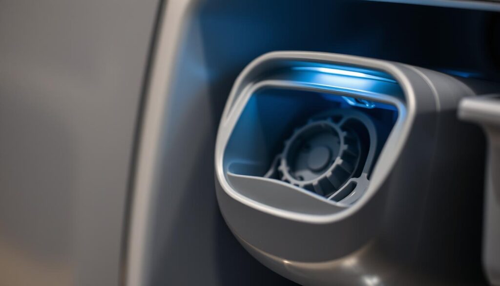 A close-up view of a dishwasher soap dispenser, its sleek modern design in muted tones of gray and silver. The dispenser's door is open, revealing the inner compartment where detergent is loaded. Bright, directional lighting illuminates the mechanism, showcasing its intricate engineering. The image has a clean, minimalist aesthetic, with a shallow depth of field that keeps the dispenser in sharp focus while softening the background. The overall mood is one of precision and functionality, reflecting the importance of the dispenser in the proper operation of a dishwasher.
