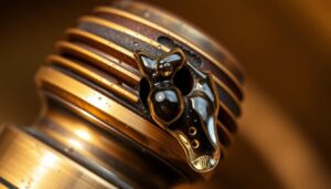 A close-up view of a dripping stopcock spindle, revealing a small gap where water is steadily leaking out. The spindle is made of polished brass, with intricate grooves and a worn, oxidized surface that hints at years of use. The droplets of water glisten under the warm, directional lighting, creating a sense of urgency and the need for repair. The background is blurred, drawing the viewer's attention to the central issue at hand - the leaking stopcock that requires fixing.