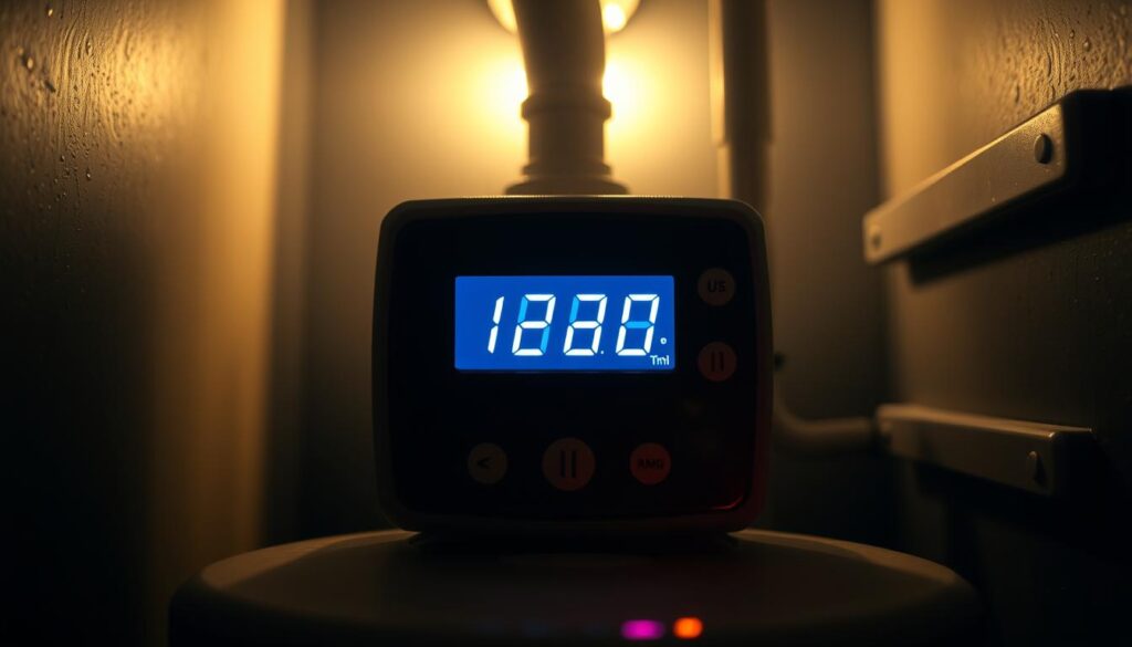 A close-up view of a hot water cylinder timer, its digital display flashing erratically against a dimly lit, industrial-style interior. The timer's buttons and dials are highlighted, suggesting a state of disarray or confusion. The scene is illuminated by a soft, warm light, creating an atmosphere of troubleshooting and problem-solving. The background is hazy, with subtle shadows and textures that evoke the functional, utilitarian nature of a mechanical equipment room or utility closet. The composition emphasizes the timer's central role, drawing the viewer's attention to the technical details and potential issues at hand.