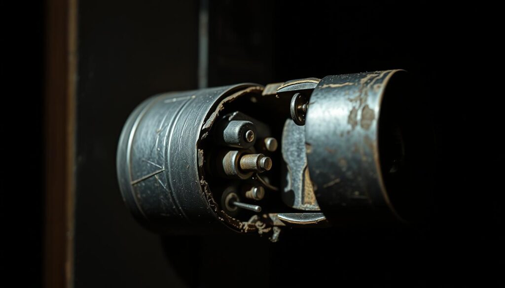 A close-up view of a lock cylinder being forcibly snapped open, revealing the internal mechanism. The lock body is made of metal, with a keyhole visible in the center. The cylinder has been twisted and cracked, exposing the pin tumblers and springs inside. The surface has a worn, scratched appearance, conveying the violence of the action. Harsh, directional lighting casts deep shadows, heightening the sense of tension and urgency. The background is blurred and indistinct, keeping the focus on the damaged lock. An unsettling, almost cinematic atmosphere pervades the scene, emphasizing the vulnerability of this security device.