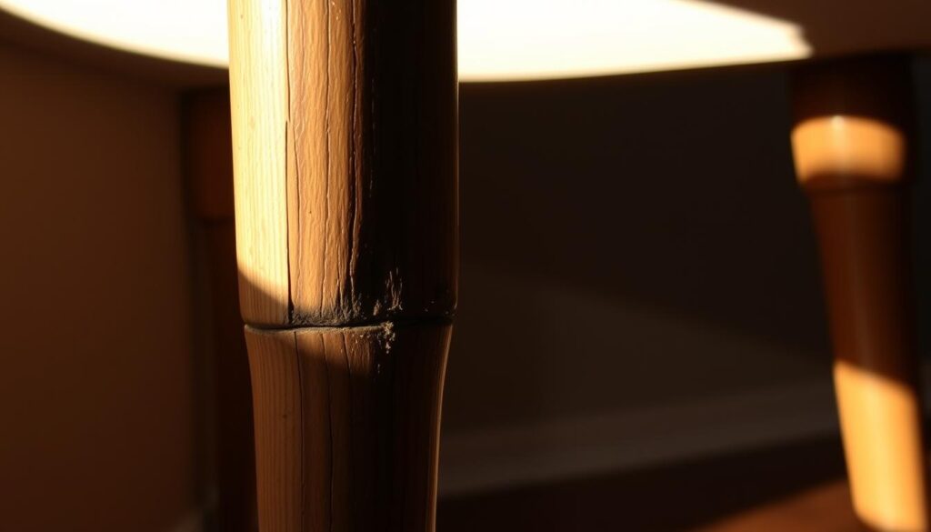 A close-up view of a loose table-leg joint, featuring a partially detached wooden leg connected to the table frame by a worn, discolored glue joint. The joint is illuminated from the side, casting dramatic shadows that highlight the gap between the leg and the frame. The wood textures are detailed, showcasing the grain patterns and imperfections. The overall scene conveys a sense of instability and the need for repair, setting the stage for the DIY guide on re-gluing loose table-leg joints.