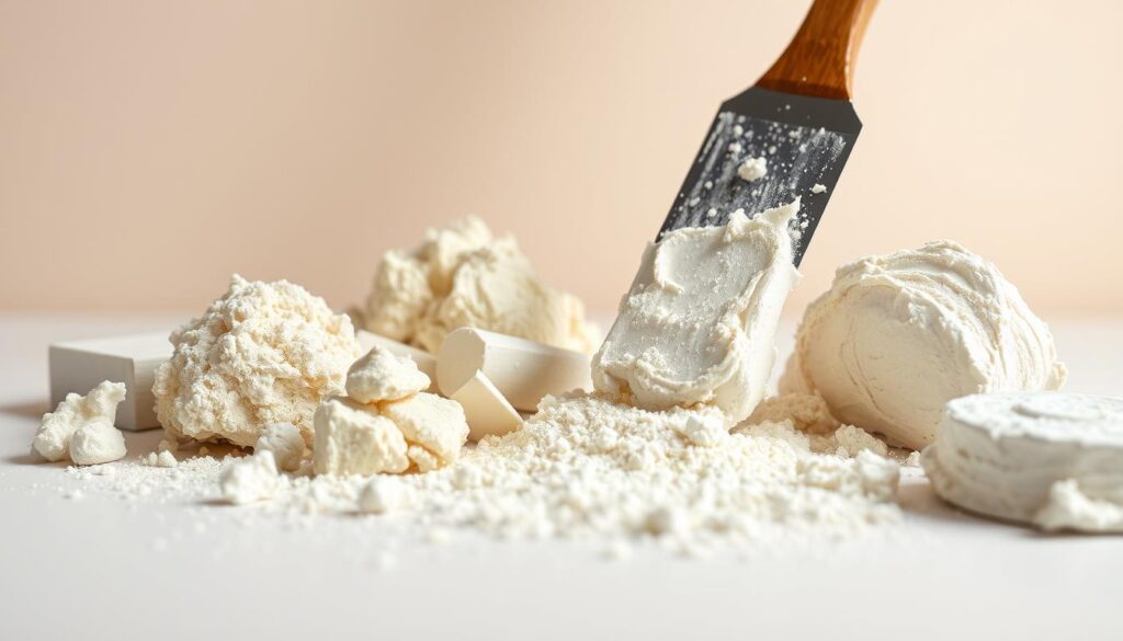 A close-up view of a mixture of various types of filler compounds, including spackle, putty, and joint compound. The foreground features an assortment of these materials in different textures and colors, arranged neatly on a clean, well-lit surface. The middle ground shows the compounds being expertly mixed with a putty knife, creating a smooth, homogeneous blend. In the background, a soft, neutral-toned backdrop provides a minimalist setting, allowing the filler compounds to be the main focus. The lighting is soft and even, highlighting the nuances of the materials and the intricate process of preparing the mixture. This image conveys the technical details and professional approach to understanding different types of filler compounds.