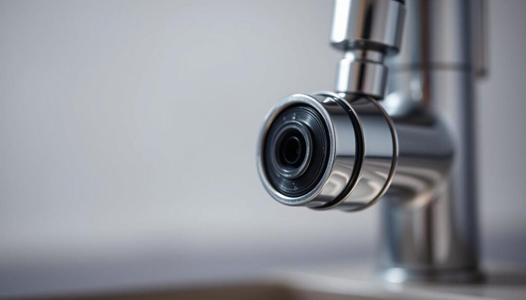 A close-up view of a modern chrome mixer tap cartridge, positioned in the foreground against a soft, blurred background. The cartridge is illuminated from the side, casting subtle shadows that accentuate its intricate mechanical details. The image is captured with a shallow depth of field, allowing the viewer to focus on the key components of the cartridge, such as the control valve, seals, and internal workings. The overall mood is one of technical precision and functional elegance, conveying the importance of this critical component in the proper functioning of a kitchen mixer tap.