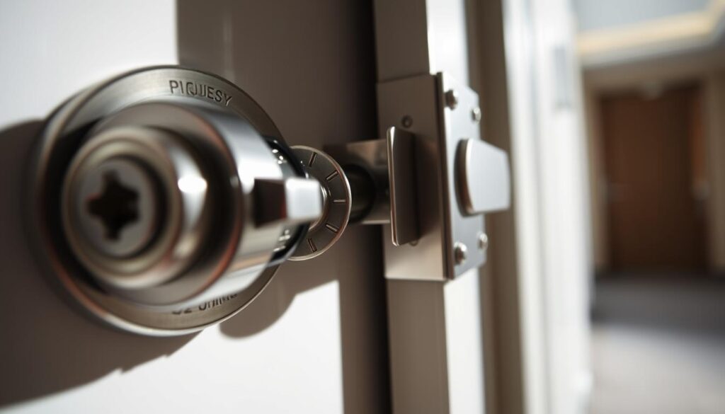 A close-up view of a modern multipoint door lock system, showcasing its intricate mechanisms and components. The foreground features the lock's metal housing, bolts, and latch, capturing the engineering precision and security features. The middle ground highlights the door jamb and striker plate, revealing how the lock interfaces with the frame for a secure seal. The background provides a softly blurred perspective of the surrounding door and interior, creating a sense of depth and context. Bright, directional lighting casts dramatic shadows, emphasizing the lock's three-dimensional form and technical details. Captured with a macro lens for maximum clarity and visual interest, this image conveys the reliable functionality and robust construction of a multipoint door locking system.