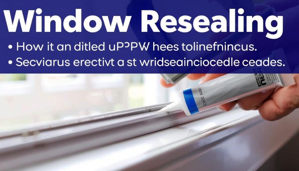 A close-up view of a person's hands carefully applying a sealant along the edges of a uPVC window frame. The frame is in the foreground, with the sealant tube and applicator tool visible. The background is slightly blurred, suggesting an indoor setting with natural light streaming in through the window. The hands are working with precision, highlighting the importance of proper window resealing technique. The scene conveys a sense of focused attention and attention to detail, emphasizing the significance of this home maintenance task.
